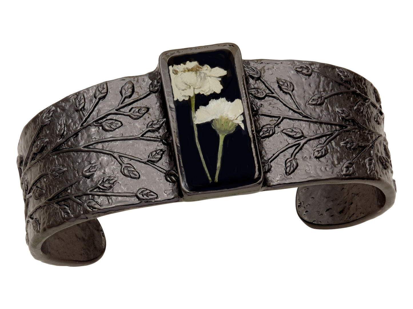 White Achillea on Black Med Rectangle Embossed Cuff