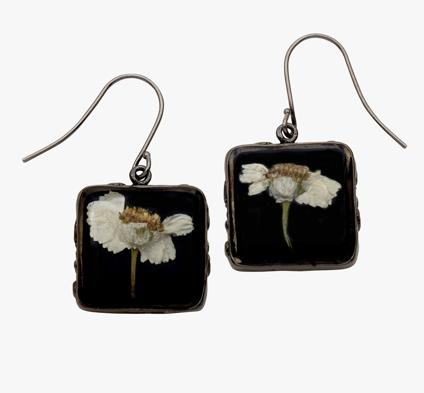 White Achillea on Black Small Square Earrings