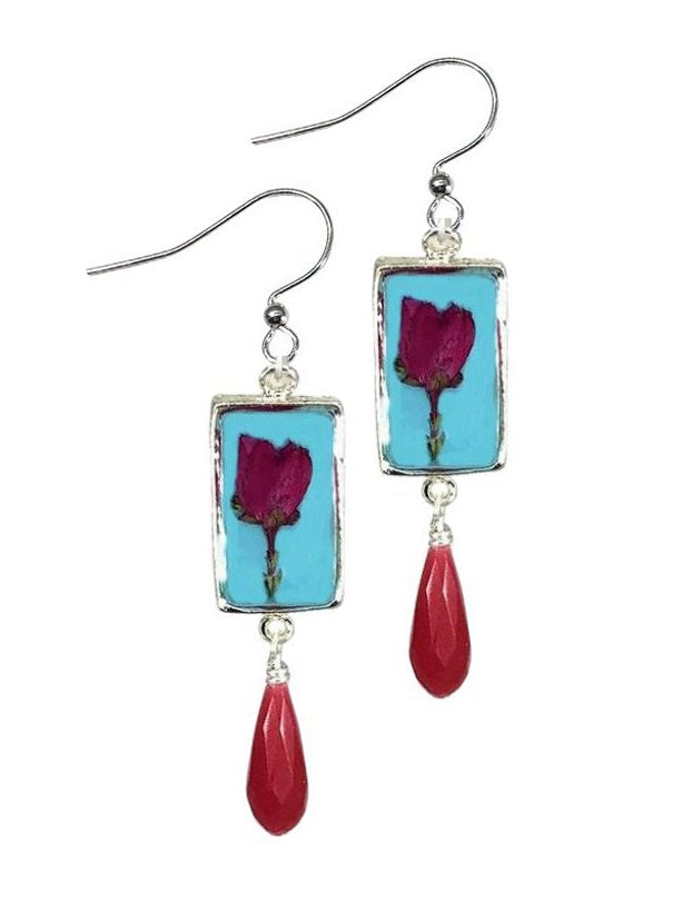 Boronia on Turquoise Small Rectangle Earrings with Drops