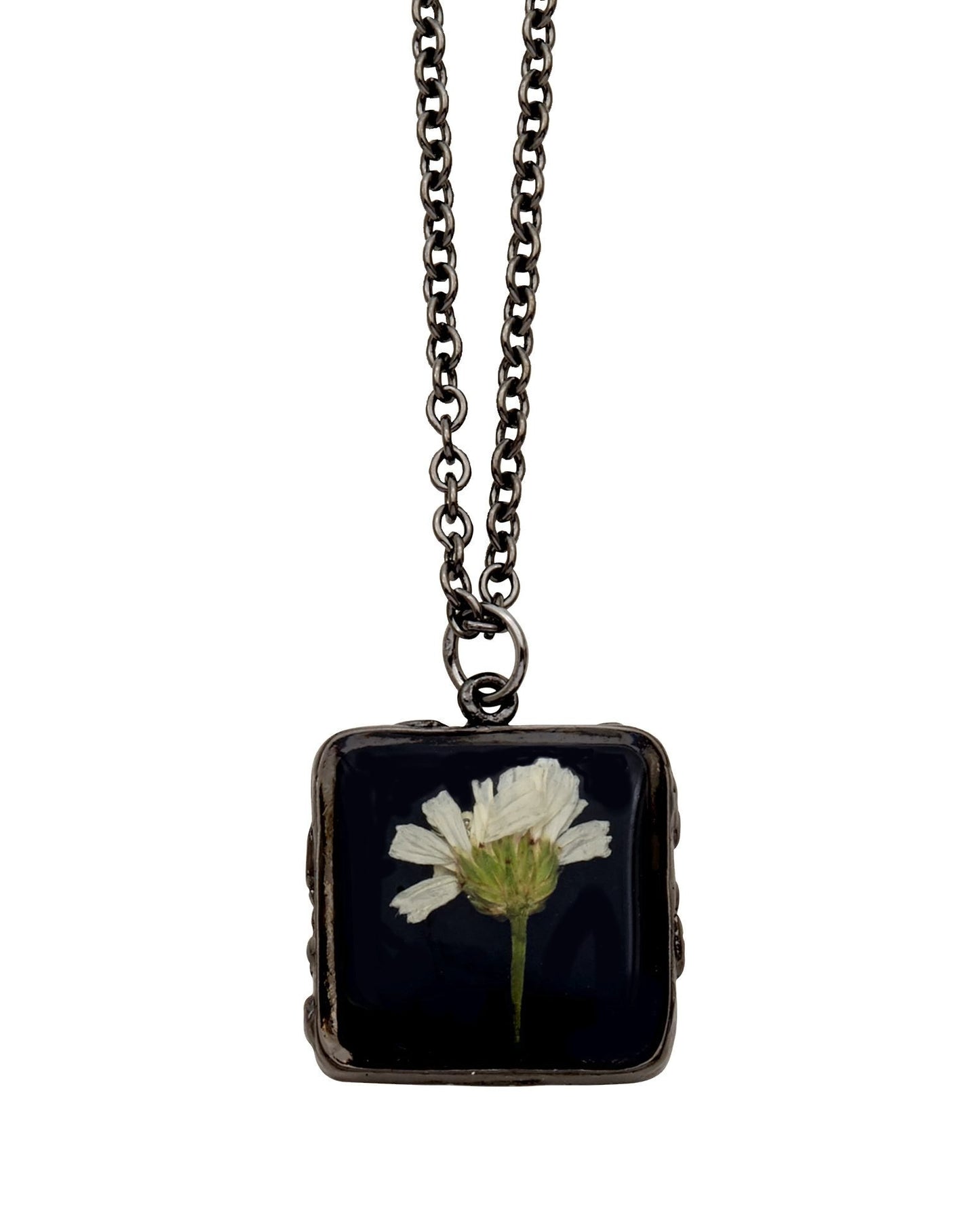 White Achillea on Black Small Square Necklace