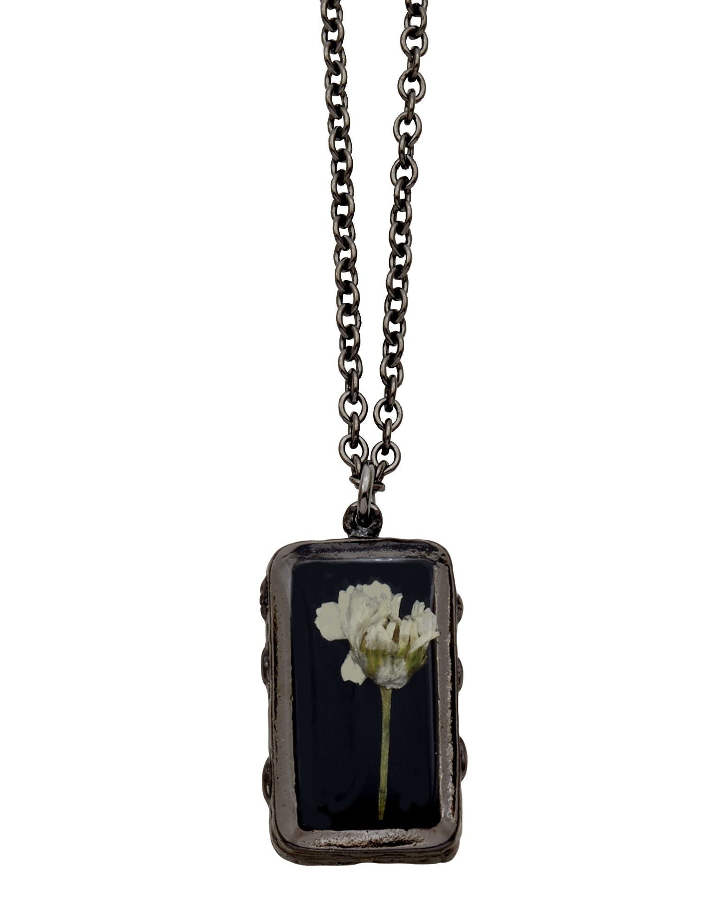 White Achillea on Black Small Rectangle Necklace