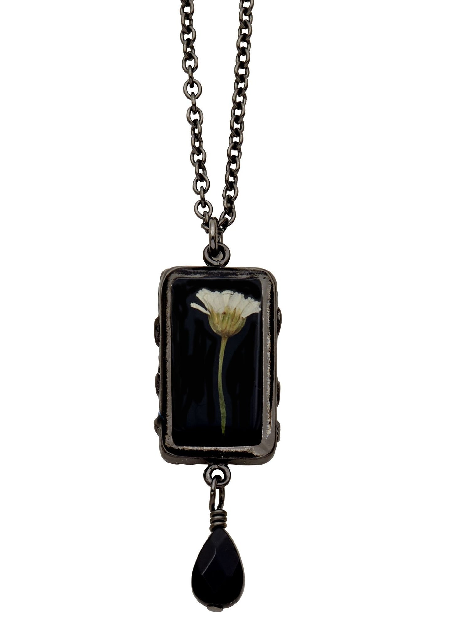 White Achillea on Black Small Rectangle Pendant with Drop