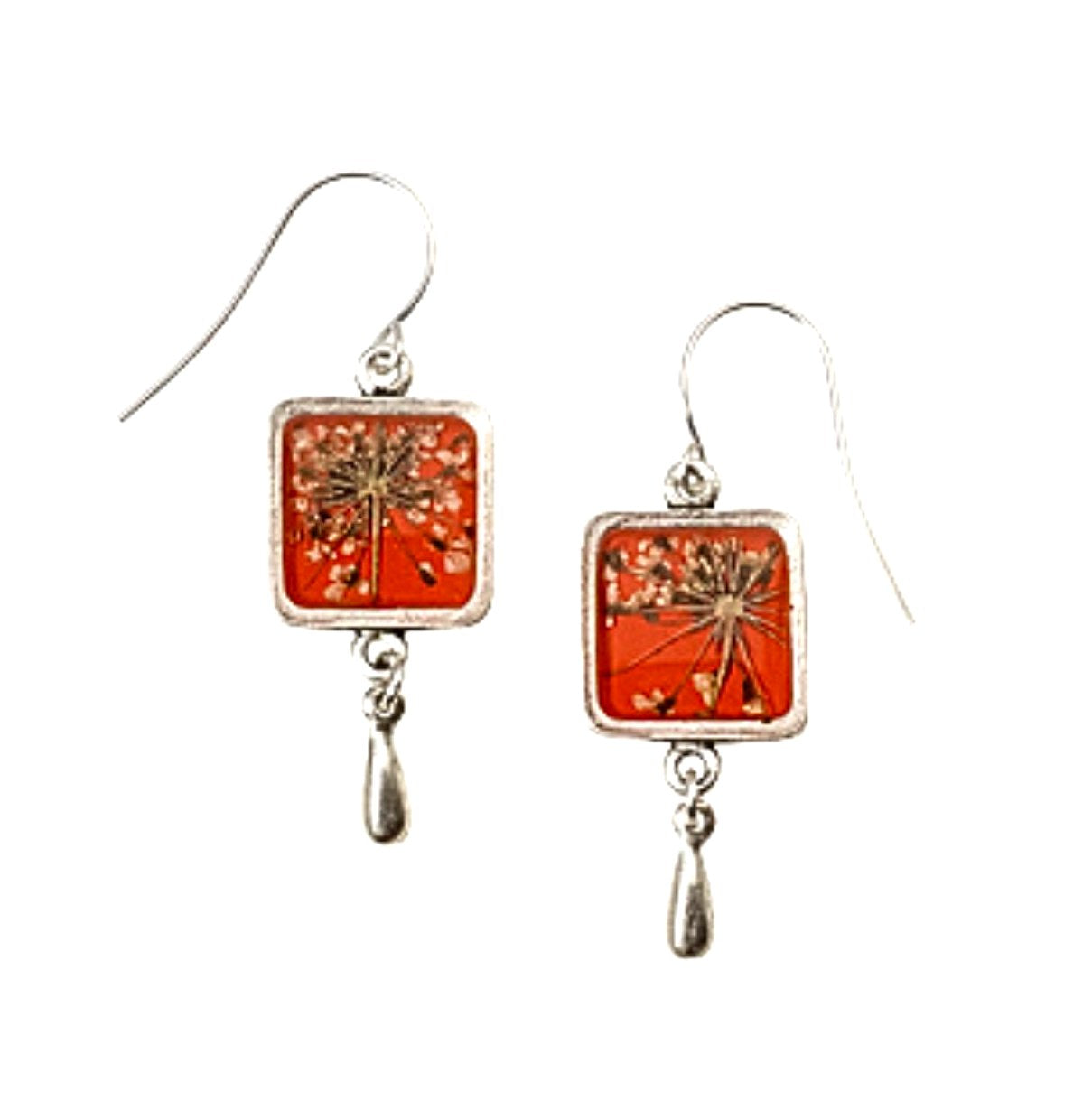 Laceflower on Blood Orange Small Square Earrings w/Drop