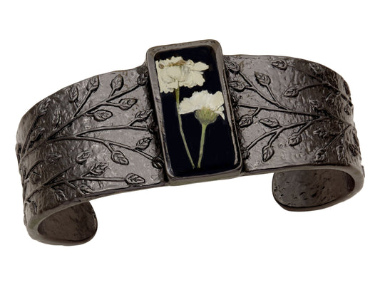 White Achillea on Black Med Rectangle Embossed Cuff