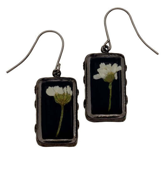 White Achillea on Black Small Rectangle Earrings