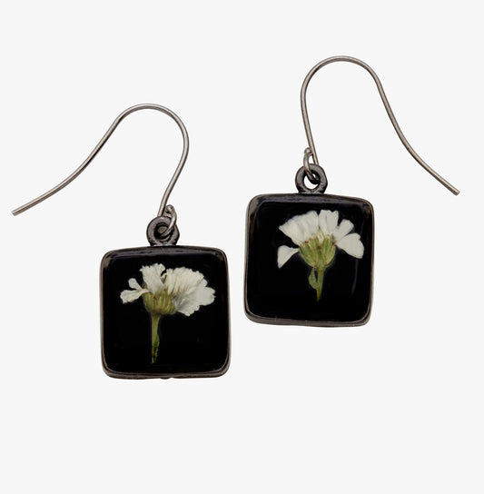 White Achillea on Black Petite Square Earrings