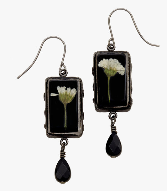 White Achillea on Black Small Rectangle Earrings with Drops