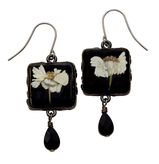 White Achillea on Black Small Square Earrings with Drop