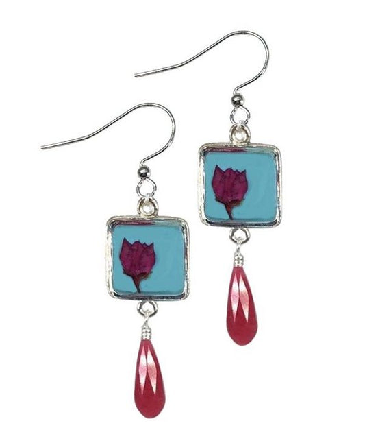 Boronia on Turquoise Petite Square Earrings with Drop