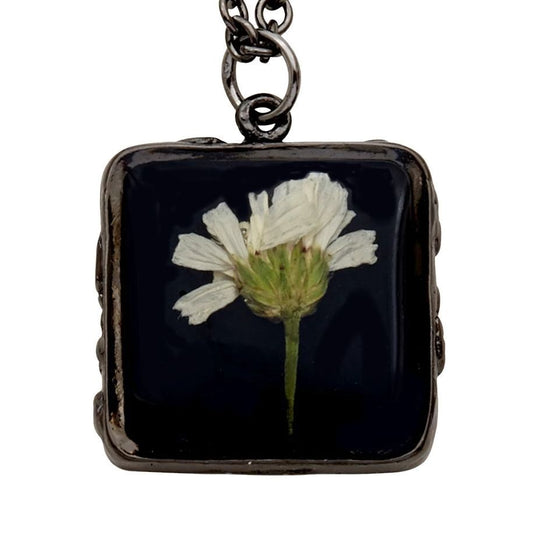 White Achillea on Black Small Square Necklace