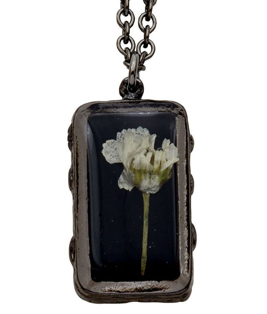 White Achillea on Black Small Rectangle Necklace