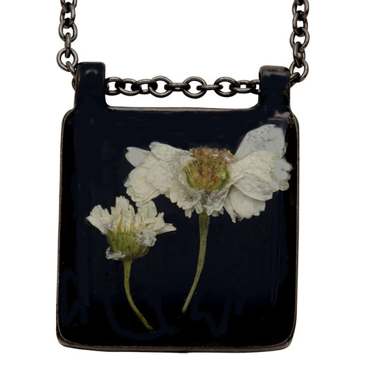 White Achillea on Black Large Square Double Bale Necklace