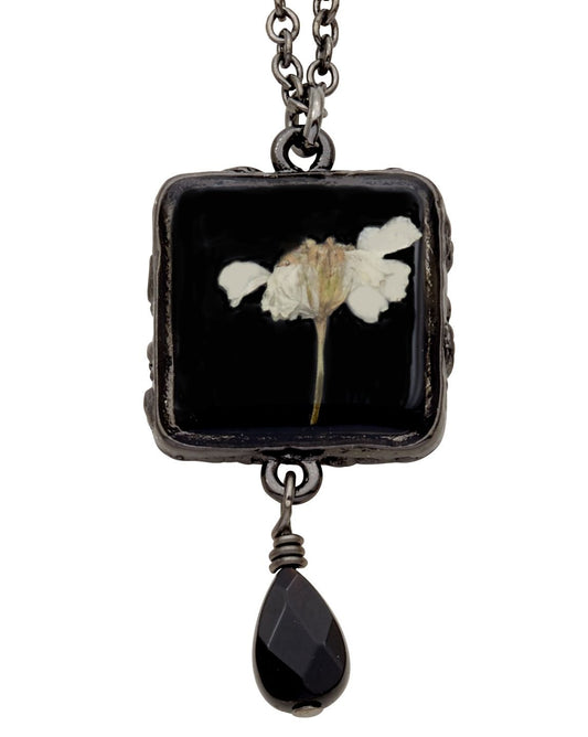 White Achillea on Black Small Square Pendant with Drop