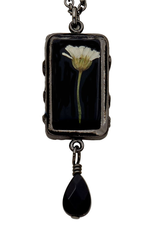 White Achillea on Black Small Rectangle Pendant with Drop