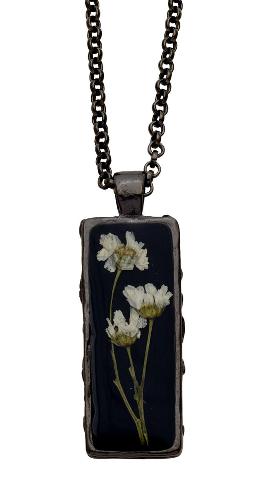 White Achillea on Black Large Rectangle Necklace