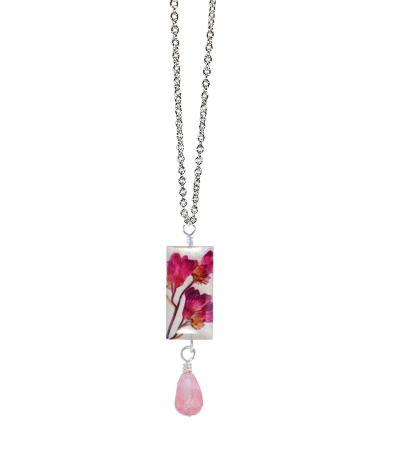 Coral Bell On Shell Small Rectangle Necklace w/Drop