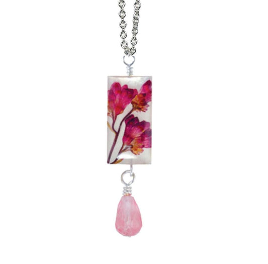 Coral Bell On Shell Small Rectangle Necklace w/Drop