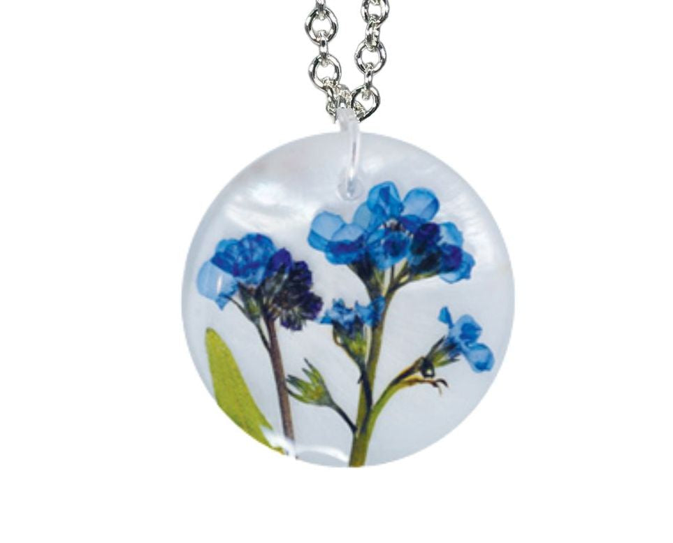 Forget me Not on Shell Medium Round Necklace