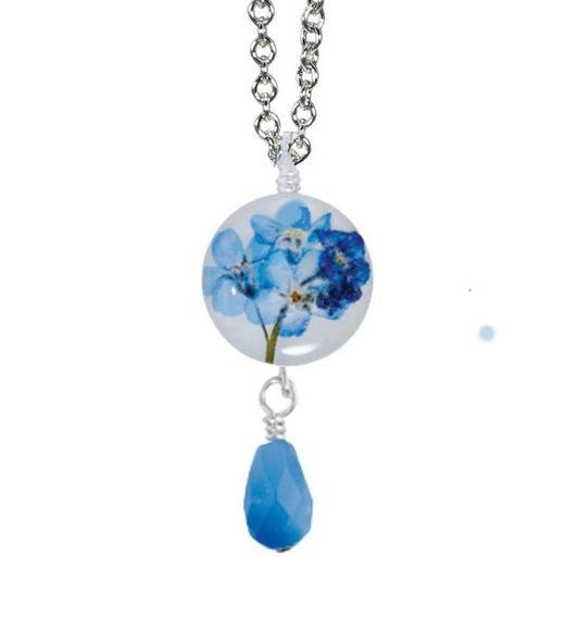 Forget Me Not on Shell Petite Round Necklace with Drop