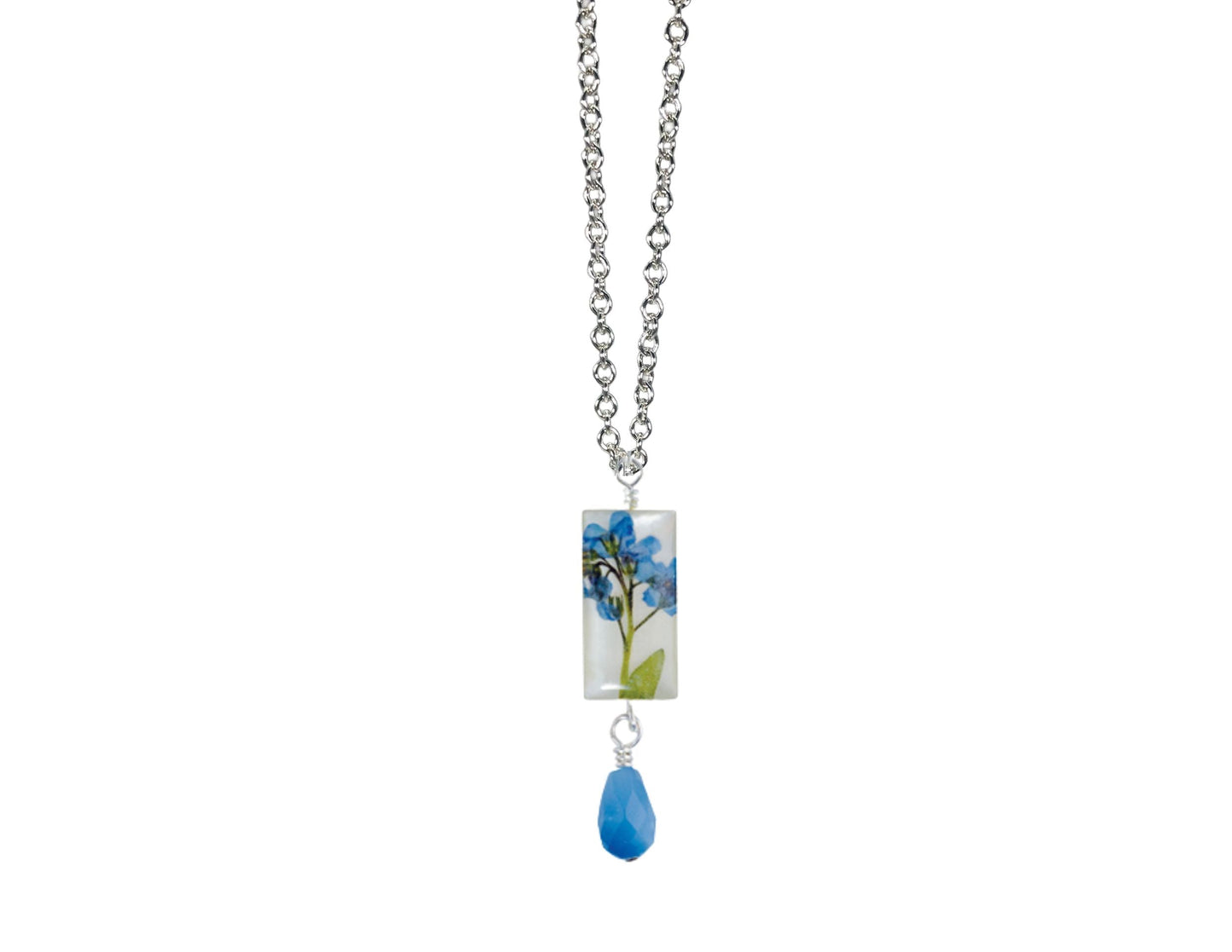 Forget Me Not On Shell 16" Small Rectangle Necklace w/Drop