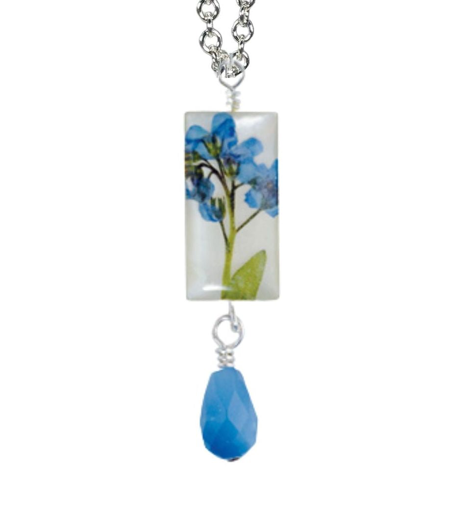 Forget Me Not On Shell 16" Small Rectangle Necklace w/Drop