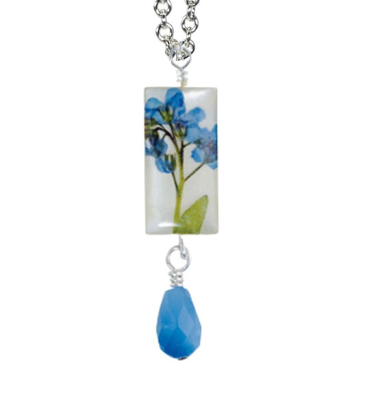Forget Me Not On Shell 16" Small Rectangle Necklace w/Drop