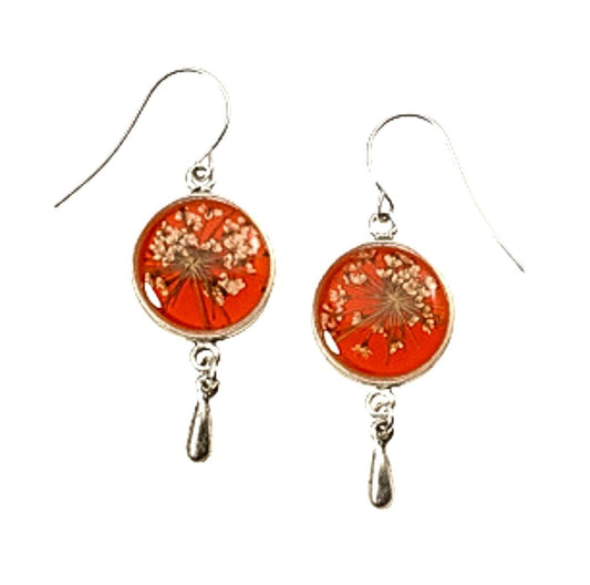 Laceflower on Blood Orange Small Round Earrings w/ Drop